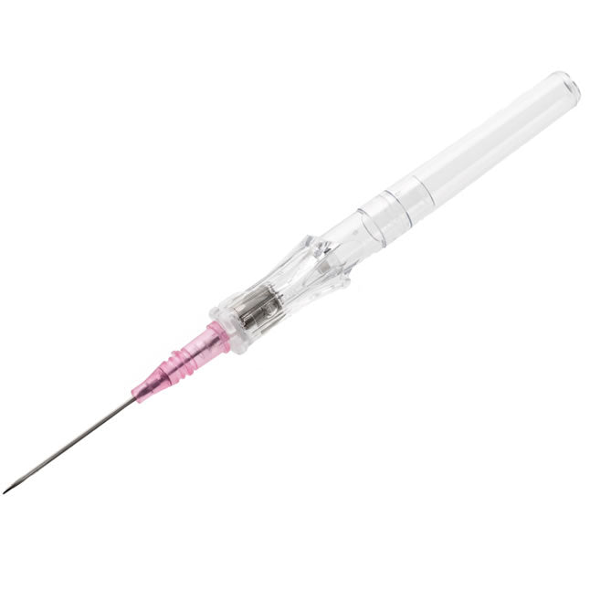 A clear, slender intravenous catheter, extends at an angle against a white background. A small pink section is visible near the needle tip.