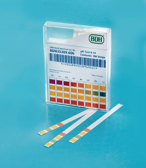 pH test strips rest on a light-blue surface next to their clear plastic case. The case displays a color chart and the text: "VWR North American Cat. No. BDH35309.606," "pH Test 0-14," "Contents: 100 Strips," and "+H3518DH353096061C."