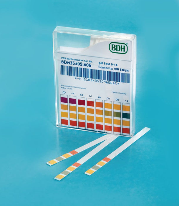 pH test strips rest on a light-blue surface next to their clear plastic case. The case displays a color chart and the text: "VWR North American Cat. No. BDH35309.606," "pH Test 0-14," "Contents: 100 Strips," and "+H3518DH353096061C."