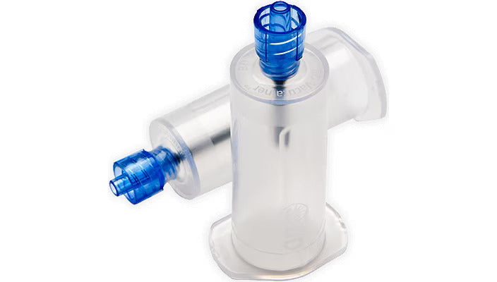 Two transparent, cylindrical medical devices with blue connectors are positioned on a white background. One is upright; the other lies partially atop it.