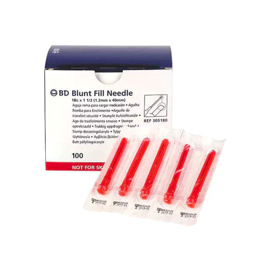 A box of 100 red BD Blunt Fill Needles sits atop a package of the same needles. The box indicates the needles are 18G x 1 1/2 (1.2mm x 40mm) and provides multilingual labeling. REF 305180.