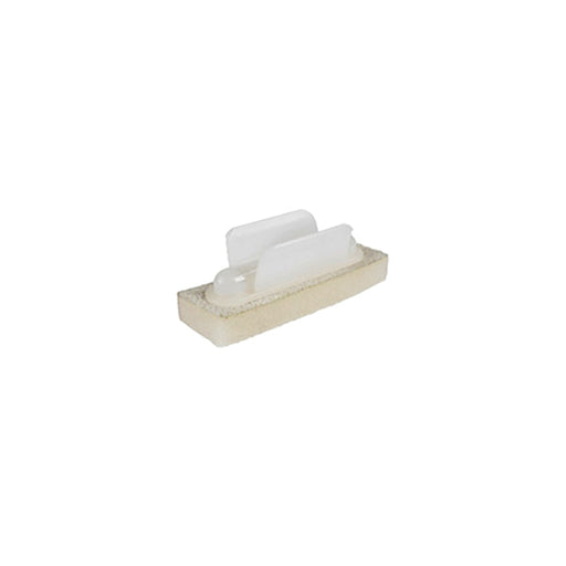 A beige plastic connector sits on a white background. It has a translucent plastic insert.