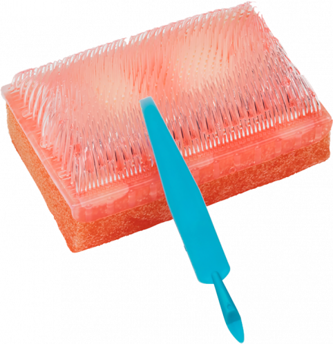 A rectangular, orange sponge brush with plastic bristles is shown with a teal spatula-like tool resting on it.
