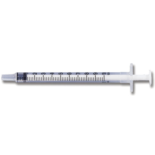 A 3ml sterile disposable syringe rests on a plain white background. The syringe is transparent with black markings.