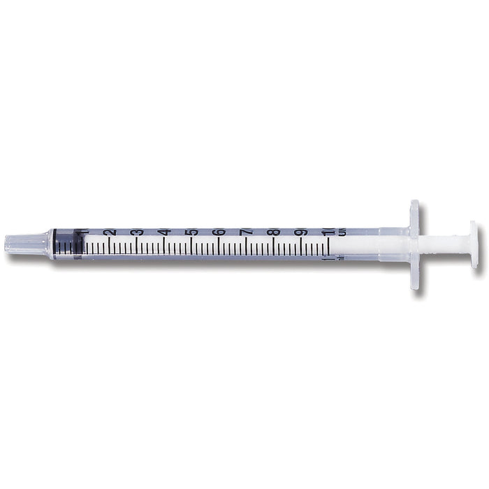 A 3ml sterile disposable syringe rests on a plain white background. The syringe is transparent with black markings.