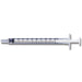 A 3ml sterile disposable syringe rests on a plain white background. The syringe is transparent with black markings.