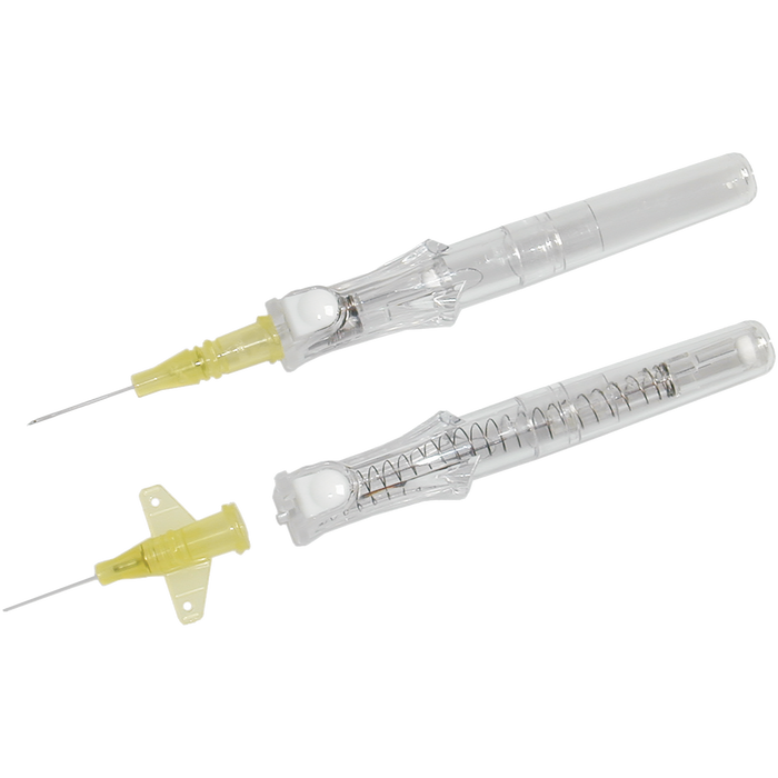Two clear, plastic intravenous catheters with needles, one assembled and one disassembled, lie on a black background. A separate, yellow catheter hub is also shown.