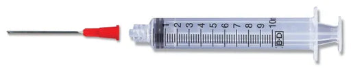 A 10ml syringe with a needle and a red hub is shown against a white background. The syringe is transparent and shows markings from 1 to 10 ml.