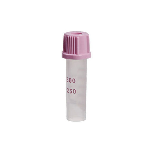 A small, clear tube with a pink cap sits on a white background; the tube is marked "500" and "250".