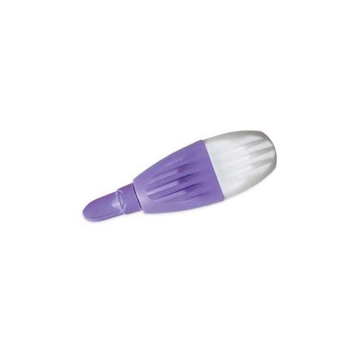A purple lancet rests on a white background; it is designed to collect blood samples.