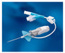 A medical intravenous catheter lies on a blue background. It is composed of a needle, tubing, and connectors.