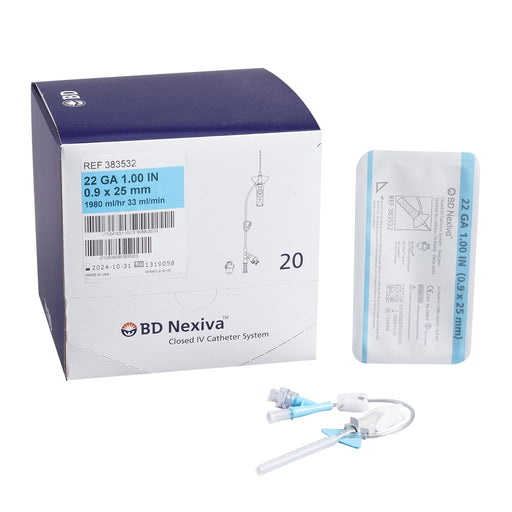A box of twenty BD Nexiva Closed IV Catheter Systems, containing a catheter, sits next to an individual sterile package on a white background. REF 383532; 22 GA 1.00 IN (0.9 x 25 mm); 1980 ml/hr 33 ml/min.