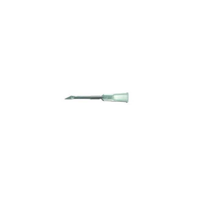 A metal cannula, lying horizontally, is shown against a white background.