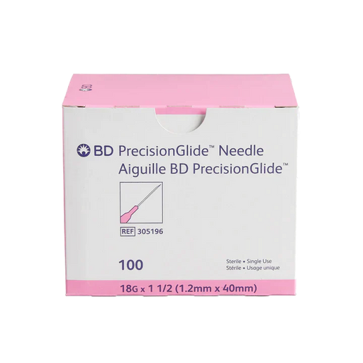 A box of 100 BD PrecisionGlide needles (18G x 1 1/2, 1.2mm x 40mm) sits on a surface; it is sterile and for single use.