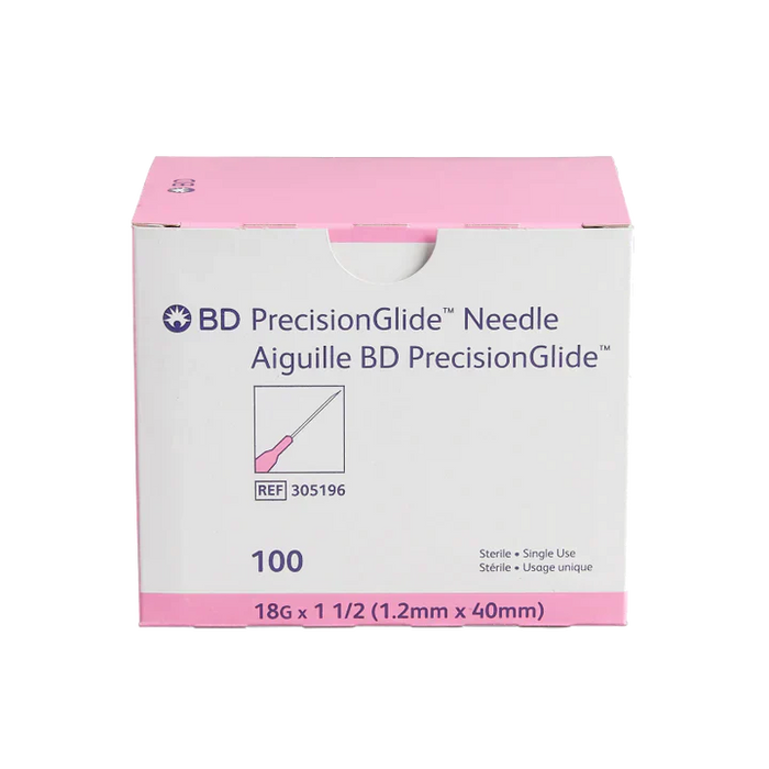 A box of 100 BD PrecisionGlide needles (18G x 1 1/2, 1.2mm x 40mm) sits on a surface; it is sterile and for single use.