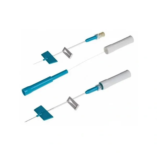 Two teal-colored introducers are shown disassembled and assembled against a white background. Each includes a needle, a catheter, and a plastic introducer sheath.