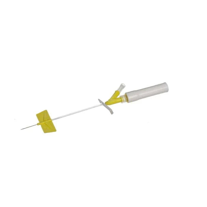A yellow BD Saf-T-Intima IV Catheter Safety System, Y Adapter, 24G x 0.75"