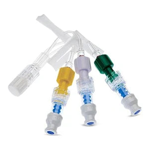 Three medical connectors, featuring color-coded caps (yellow, lavender, green), are connected to a single translucent tube against a white background.