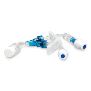 A Y-site intravenous connector sits on a white background. It is a clear plastic device with two short arms, each ending in a blue injection port, joined by a longer, central arm.