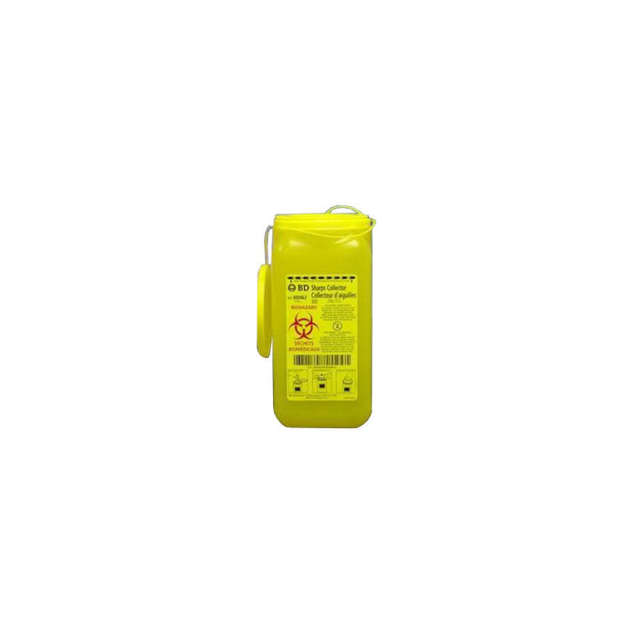 A yellow sharps container sits on a white background. It is labeled "BD Sharps Collector, Collecteur d'aiguilles," and includes biohazard symbols and instructions.