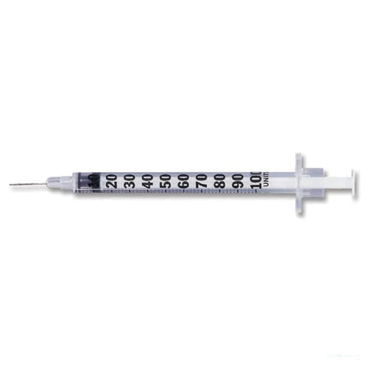 A 100-unit insulin syringe lies horizontally on a white background; it is ready for use.