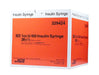 A box of 1cc U-100 insulin syringes (28G 1/2) sits on a white background. The box is orange and white, contains 100 syringes, and is labeled with the reorder number 329424.