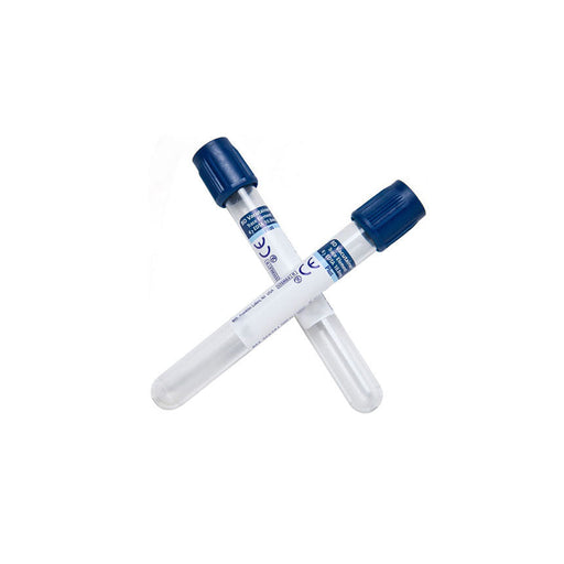 Two clear glass BD Vacutainer tubes with dark blue caps, lie in an X-shape against a white background. The tubes are labeled "BD Vacutainer® System" and "CE" markings are visible.