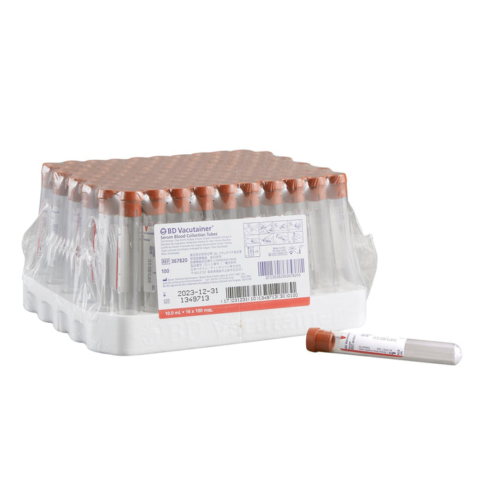 A box of capped test tubes sits on a white background; one tube lies outside the box. A small applicator is also present.