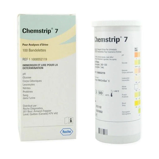 A Chemstrip 7 urine test strip container and its packaging are shown. The container displays a color chart for various urine components. The context is a white background. REF 1 1008552119 is printed on both the box and container.