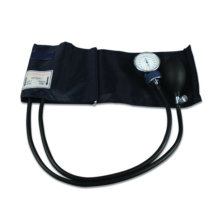 A sphygmomanometer measures blood pressure; it lies on a white background. The device includes an inflatable cuff, pressure gauge, and connecting tubes. The cuff has markings indicating placement on the left or right arm.