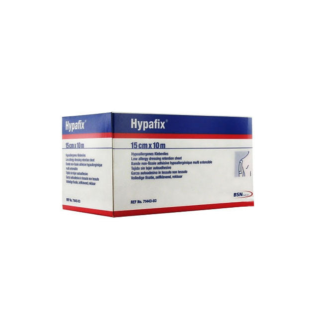A box of Hypafix, a low-allergy dressing retention sheet, sits on a white background. The box displays the product name and dimensions (15cm x 10m) along with multiple language descriptions.