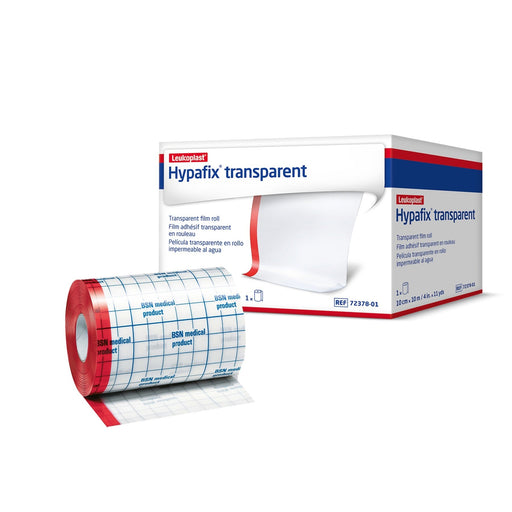 A roll of transparent adhesive film sits beside its packaging. The box is labeled "Hypafix transparent" and lists details in multiple languages. The roll is partially unfurled, showing a grid pattern.
