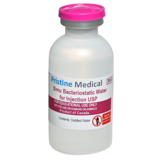 A small, clear bottle of Pristine Medical Simu Bacteriostatic Water for Injection USP sits against a black background. It is for educational use only, not for humans or animals, and contains distilled water.