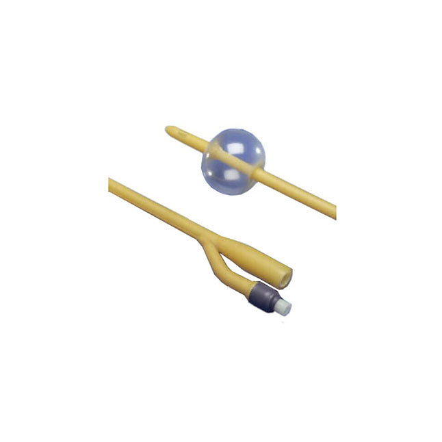 A two-part catheter with a balloon tip is shown against a white background. The catheter is pale yellow, with a clear balloon and a gray connector.