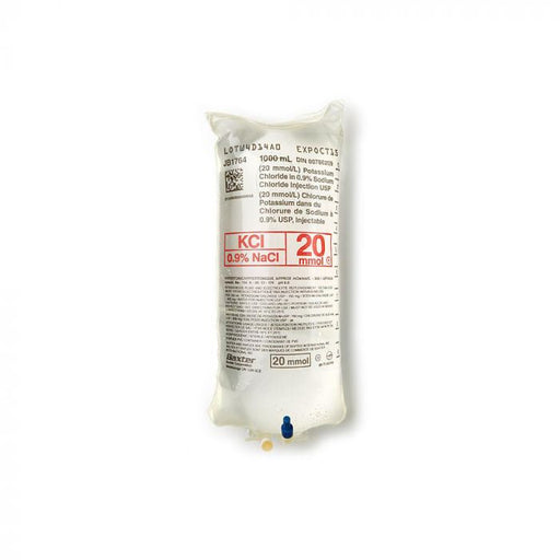 A flexible IV bag containing 20 mmol of KCl in 0.9% NaCl solution sits on a white background.