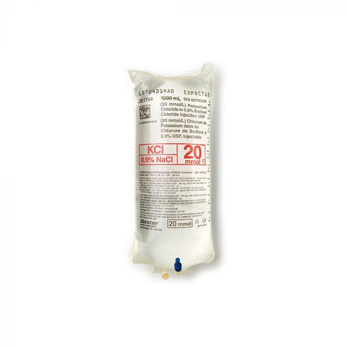 A flexible IV bag containing 20 mmol of KCl in 0.9% NaCl solution sits on a white background.