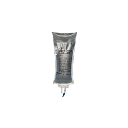 A 1000 mL bag of 0.45% Sodium Chloride Injection USP hangs, ready for intravenous administration, against a white background.