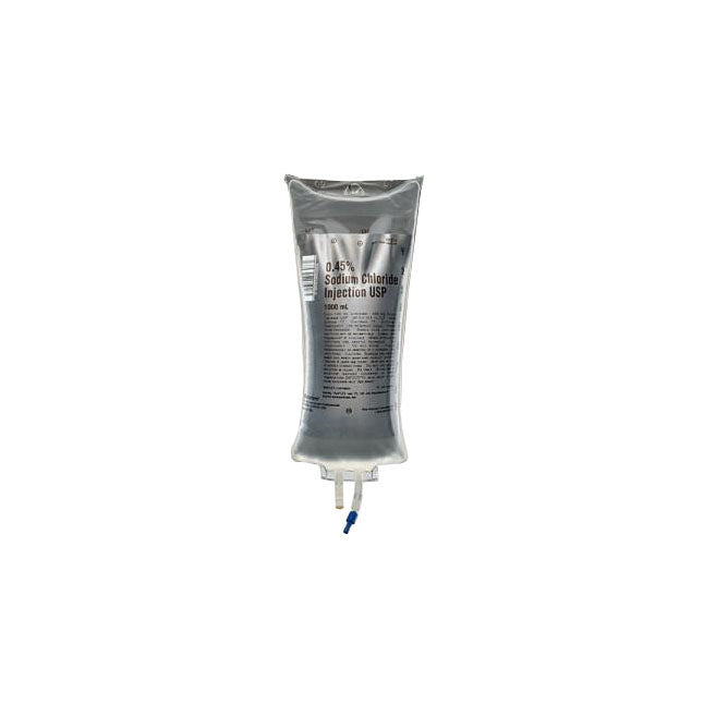 A 1000 mL bag of 0.45% Sodium Chloride Injection USP hangs, ready for intravenous administration, against a white background.