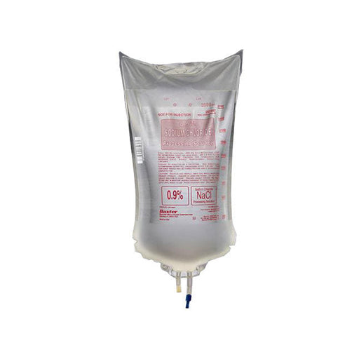 A Baxter bag of 0.9% Sodium Chloride Processing Solution hangs, ready for use, against a white background. "NOT FOR INJECTION" is prominently displayed.