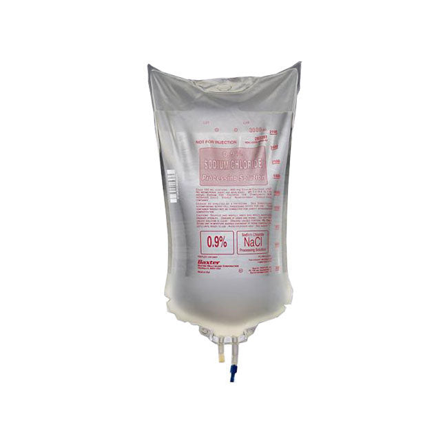 A Baxter bag of 0.9% Sodium Chloride Processing Solution hangs, ready for use, against a white background. "NOT FOR INJECTION" is prominently displayed.