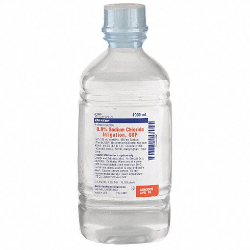 A Baxter 0.9% Sodium Chloride Irrigation, USP bottle contains 1000 mL of solution; it is intended for irrigation only.