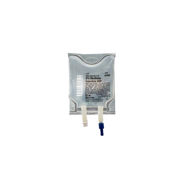 A 25 mL intravenous bag of 5% Dextrose Injection USP is shown against a white background. LOT NDC 5004-0613-16 EXP 200000.