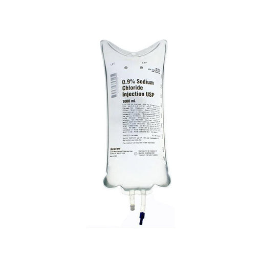 A 1000 mL bag of 0.9% Sodium Chloride Injection USP is shown. It is ready for intravenous administration, on a white background.