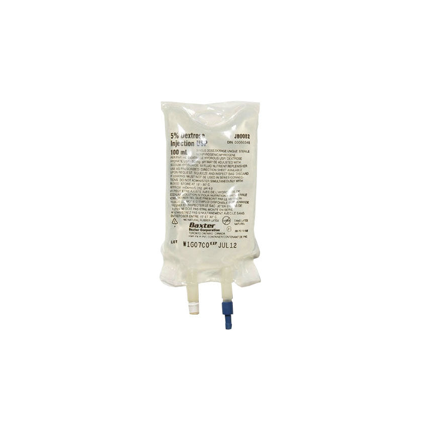 A 100 ml intravenous bag containing 5% dextrose injection USP rests on a plain white background. JB0082, DIN 00000348, W1G07C0 EXP JUL12 are printed on the bag.