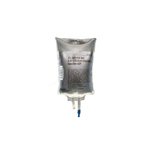 An IV bag filled with 5% Dextrose and 0.45% Sodium Chloride Injection USP hangs. The bag is clear with labeling and small tubes.
