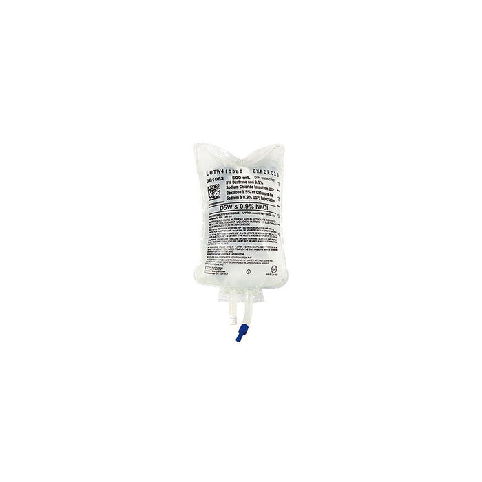 A 500 mL intravenous bag containing D5W & 0.9% NaCl solution hangs, ready for administration against a plain white background. LOTW410380 JB1063 EXPDEC25 is printed on the bag.