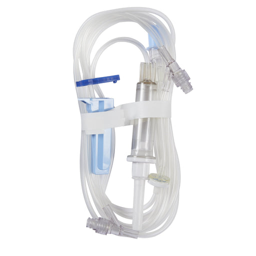 A medical intravenous (IV) set, consisting of tubing, a drip chamber, and connectors, is bundled together on a white background.