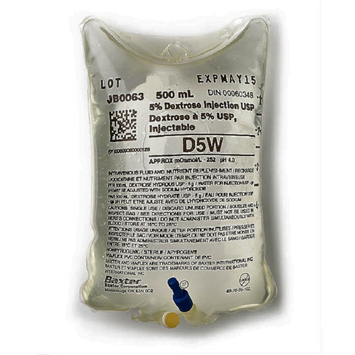 A 500 mL intravenous bag of 5% dextrose solution hangs, ready for administration, in a sterile environment. The label indicates a “D5W” solution, with expiration date of May 15.