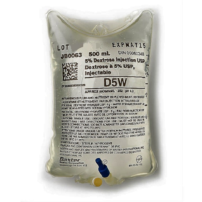 A 500 mL intravenous bag of 5% dextrose solution hangs, ready for administration, in a sterile environment. The label indicates a “D5W” solution, with expiration date of May 15.