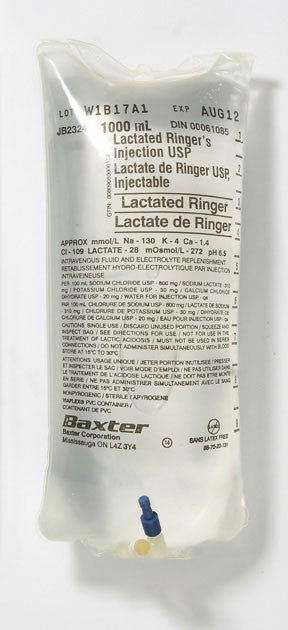 A 1000 mL bag of Lactated Ringer's Injection USP, contains intravenous fluid, sits on a surface. LOT W1B17A1, EXP AUG12, DIN 00061085. JB2324.